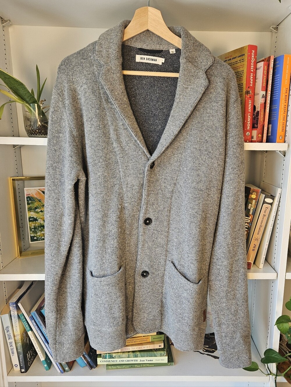 Ben Sherman Men's Gray Knit Cardigan Lambs Wool Blend Size Large Teacher Preppy